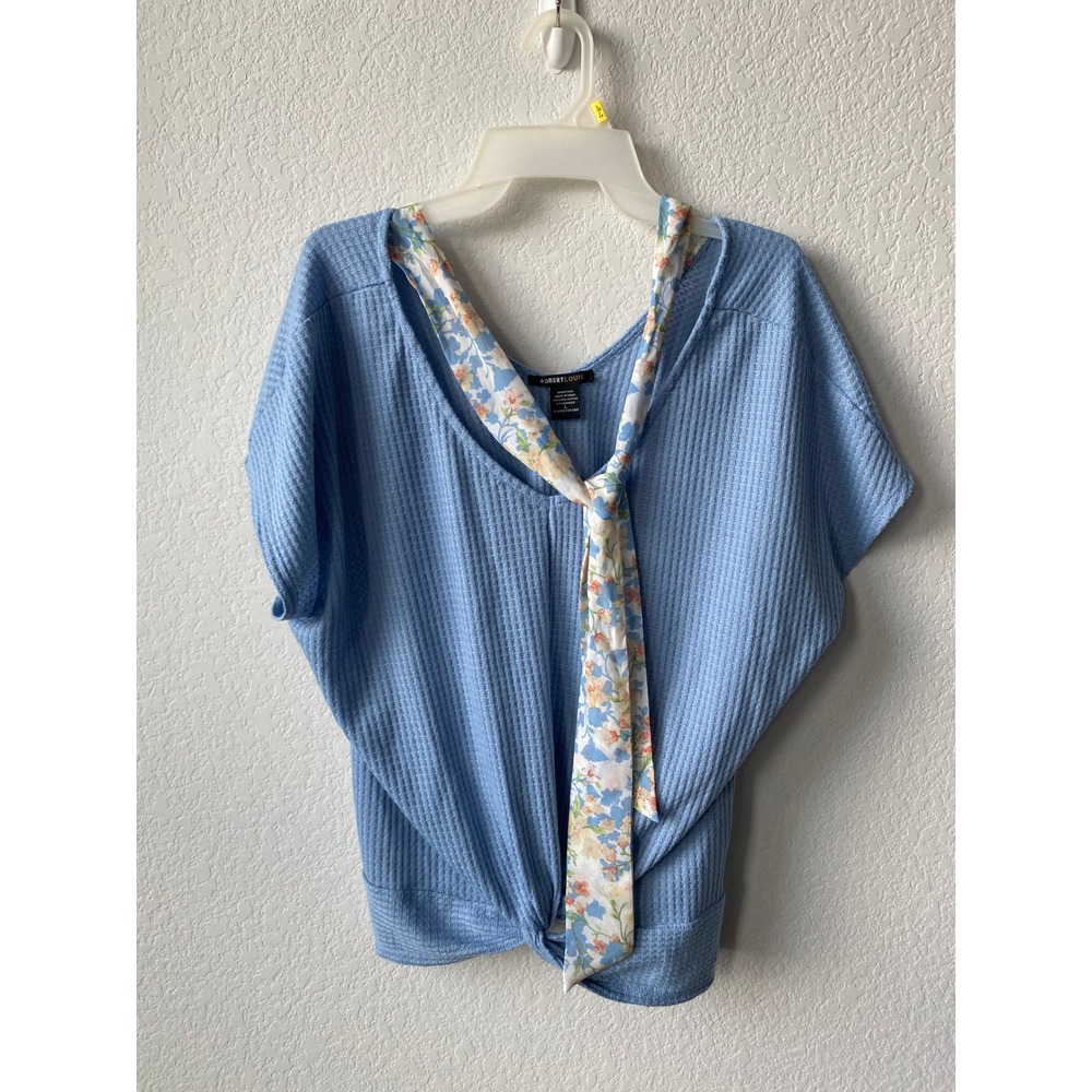Robert Louis Womens Waffle Knit Twist Front Floral Scarf Top Blue L